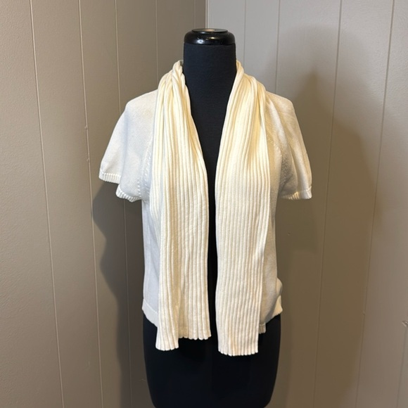 Talbots Women’s Medium Short Sleeve Knit Cardigan Cowl Sweater Top Ribbed - Picture 1 of 7